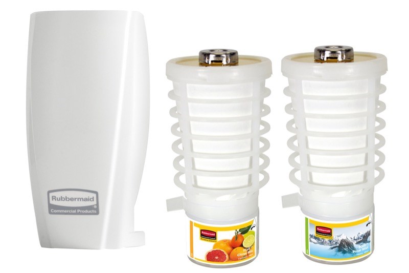 Cómodo paquete de inicio TCell 1.0 con un dispensador blanco, una recarga Citrus Mix y otra Polar Mist. Fragancias ideales para baños.