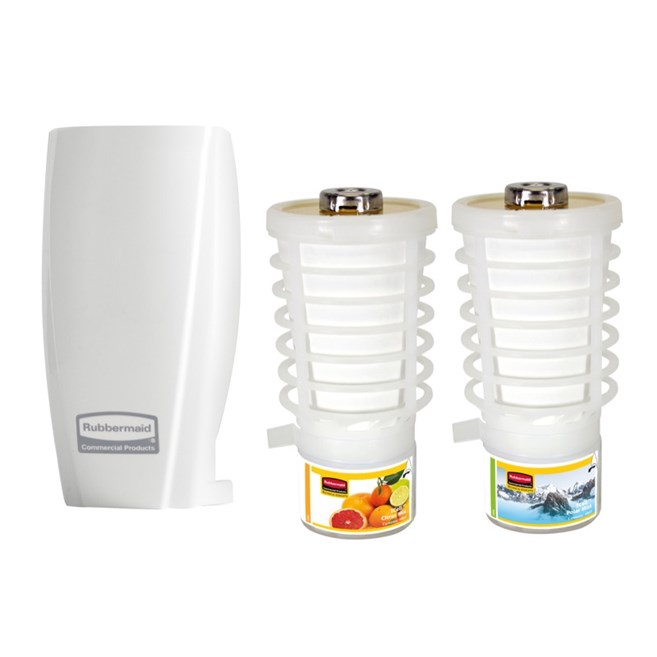 Voici le kit de démarrage pratique TCell 1.0, contenant un diffuseur blanc, une recharge Citrus Mix et une recharge Polar Mist. Des parfums parfaits pour assurer une fraicheur constante dans vos sanitaires.