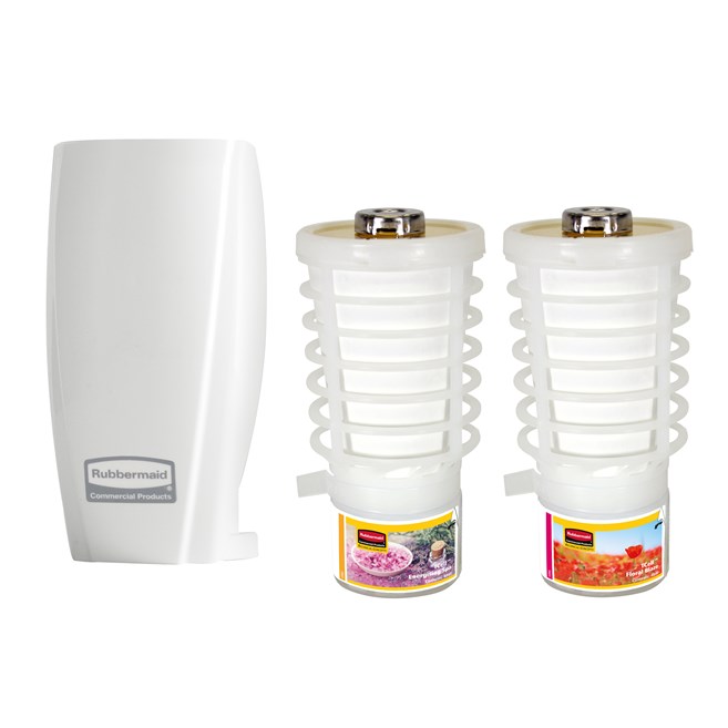 Convenient TCell 1.0 Starter Pack with one white dispenser, one Energizing Spa refill and one Floral Blaze refill. Ideal fragrances for out of washroom environments (office space, hospitality or entertainment facilities).