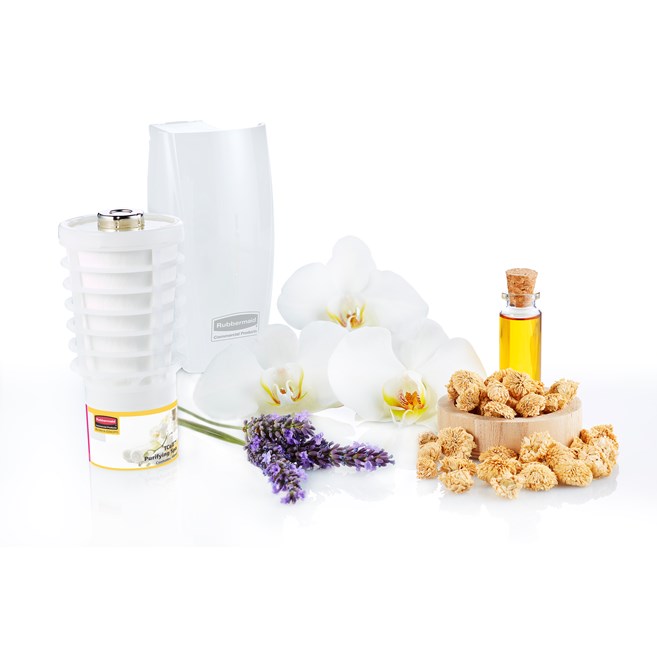 Convenient TCell 1.0 Starter Pack with one white dispenser, one Energizing Spa refill and one Floral Blaze refill. Ideal fragrances for out of washroom environments (office space, hospitality or entertainment facilities).