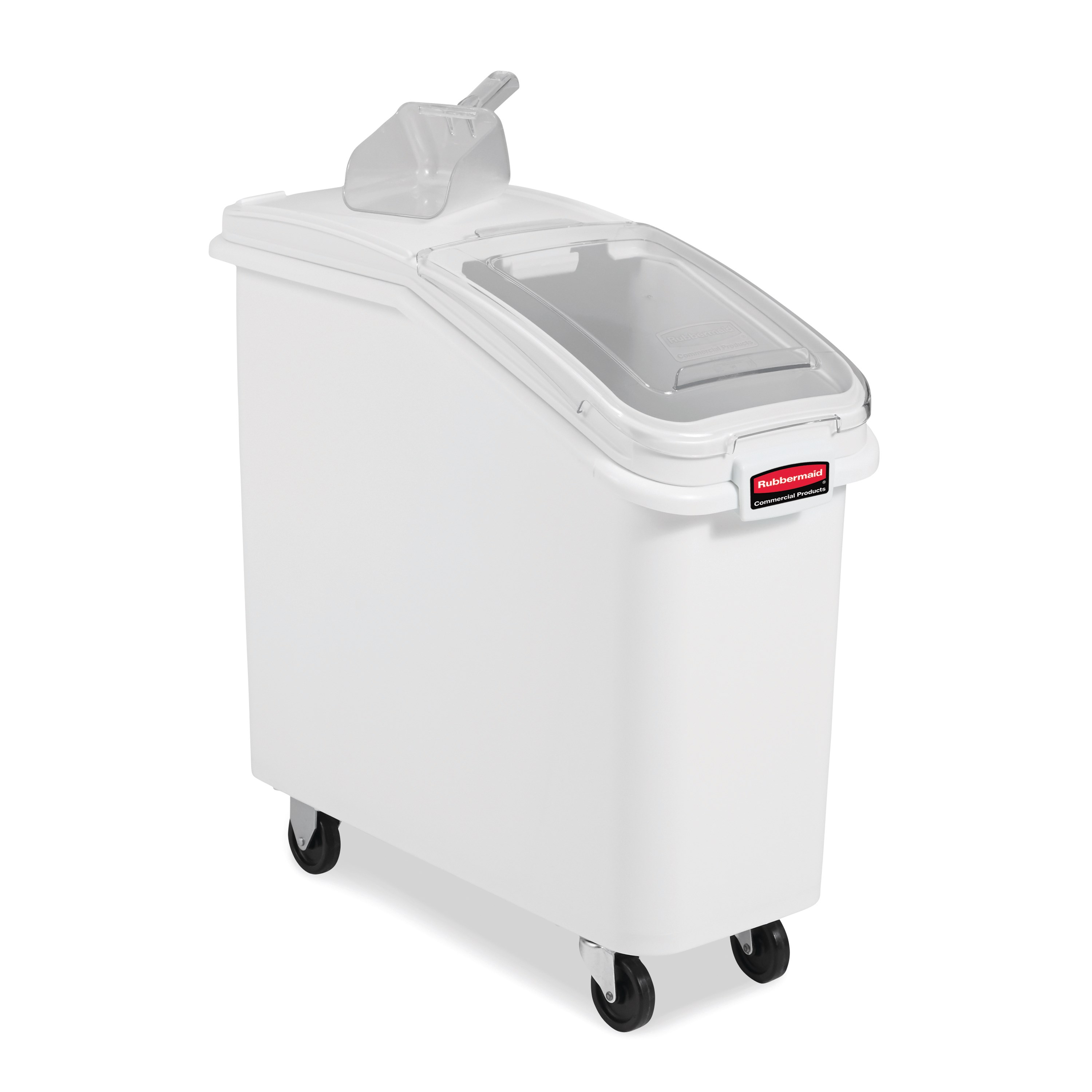 The Rubbermaid Commercial ProSave® Ingredient and Food Storage Mobile Bin is a bulk food storage container on wheels. With a slanted front, sliding opening, and 32-ounce scoop, these food storage containers make it easy to transport ingredients.
