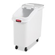The Rubbermaid Commercial ProSave® Ingredient and Food Storage Mobile Bin is a bulk food storage container on wheels. With a slanted front, sliding opening, and 32-ounce scoop, these food storage containers make it easy to transport ingredients.