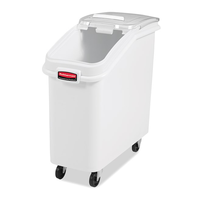The Rubbermaid Commercial ProSave® Ingredient and Food Storage Mobile Bin is a bulk food storage container on wheels. With a slanted front, sliding opening, and 32-ounce scoop, these food storage containers make it easy to transport ingredients.