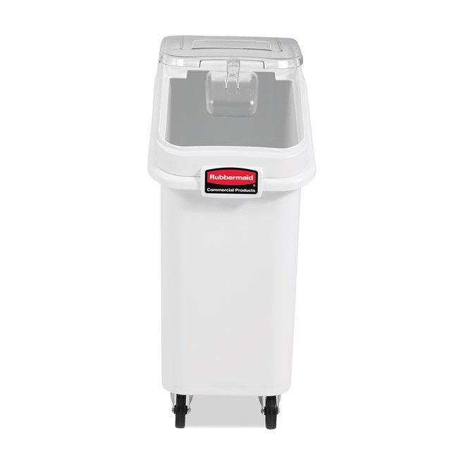 The Rubbermaid Commercial ProSave® Ingredient and Food Storage Mobile Bin is a bulk food storage container on wheels. With a slanted front, sliding opening, and 32-ounce scoop, these food storage containers make it easy to transport ingredients.