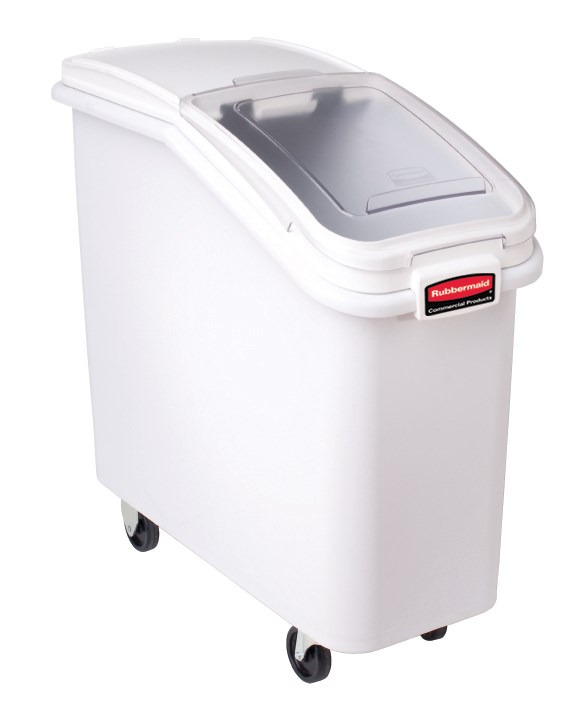 The Rubbermaid Commercial ProSave® Ingredient and Food Storage Mobile Bin is a bulk food storage container on wheels. With a slanted front, sliding opening, and 32-ounce scoop, these food storage containers make it easy to transport ingredients.