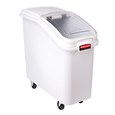 The Rubbermaid Commercial ProSave® Ingredient and Food Storage Mobile Bin is a bulk food storage container on wheels. With a slanted front, sliding opening, and 32-ounce scoop, these food storage containers make it easy to transport ingredients.