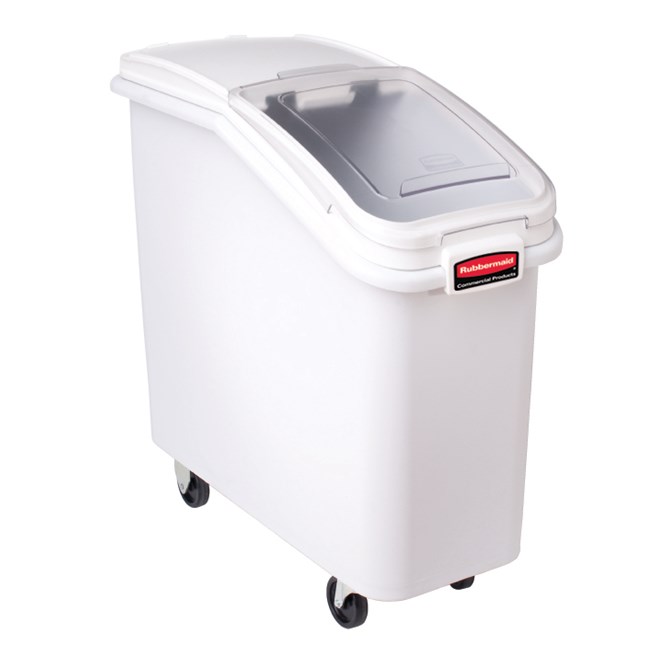 The Rubbermaid Commercial ProSave® Ingredient and Food Storage Mobile Bin is a bulk food storage container on wheels. With a slanted front, sliding opening, and 32-ounce scoop, these food storage containers make it easy to transport ingredients.