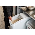 The Rubbermaid Commercial ProSave® Ingredient and Food Storage Mobile Bin is a bulk food storage container on wheels. With a slanted front, sliding opening, and 32-ounce scoop, these food storage containers make it easy to transport ingredients.