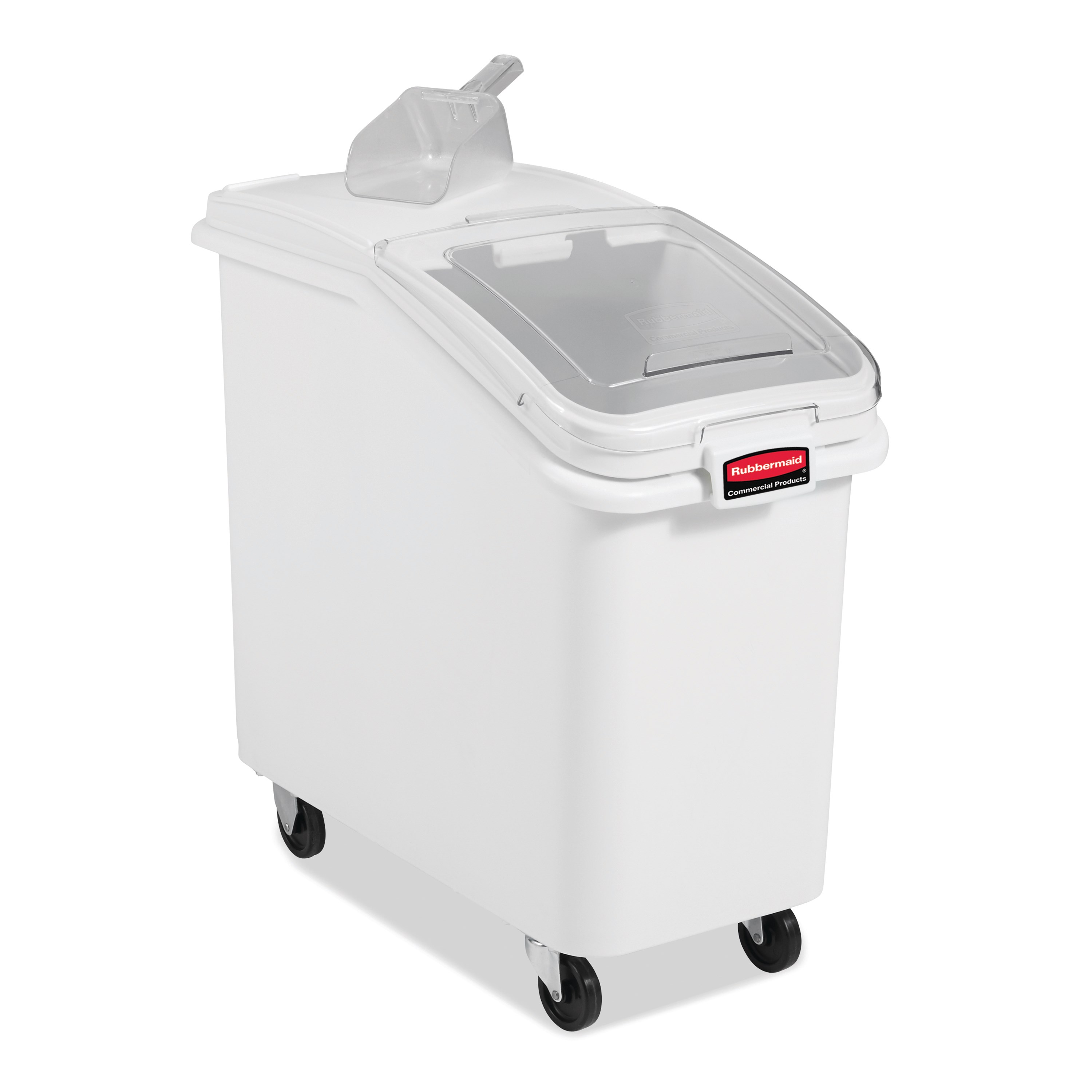 The Rubbermaid Commercial ProSave® Ingredient and Food Storage Mobile Bin is a bulk food storage container on wheels. With a slanted front, sliding opening, and 32-ounce scoop, these food storage containers make it easy to transport ingredients.