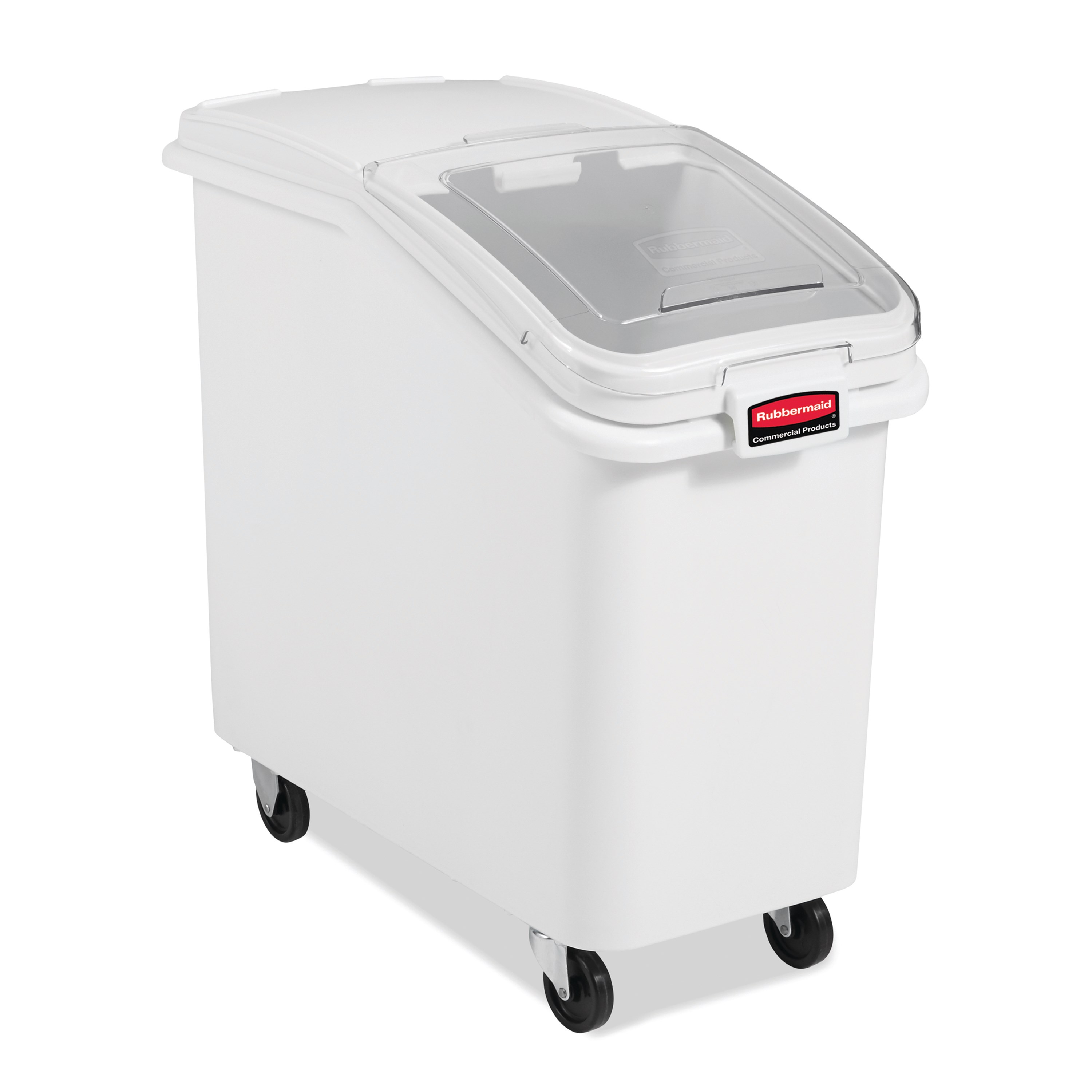 The Rubbermaid Commercial ProSave® Ingredient and Food Storage Mobile Bin is a bulk food storage container on wheels. With a slanted front, sliding opening, and 32-ounce scoop, these food storage containers make it easy to transport ingredients.