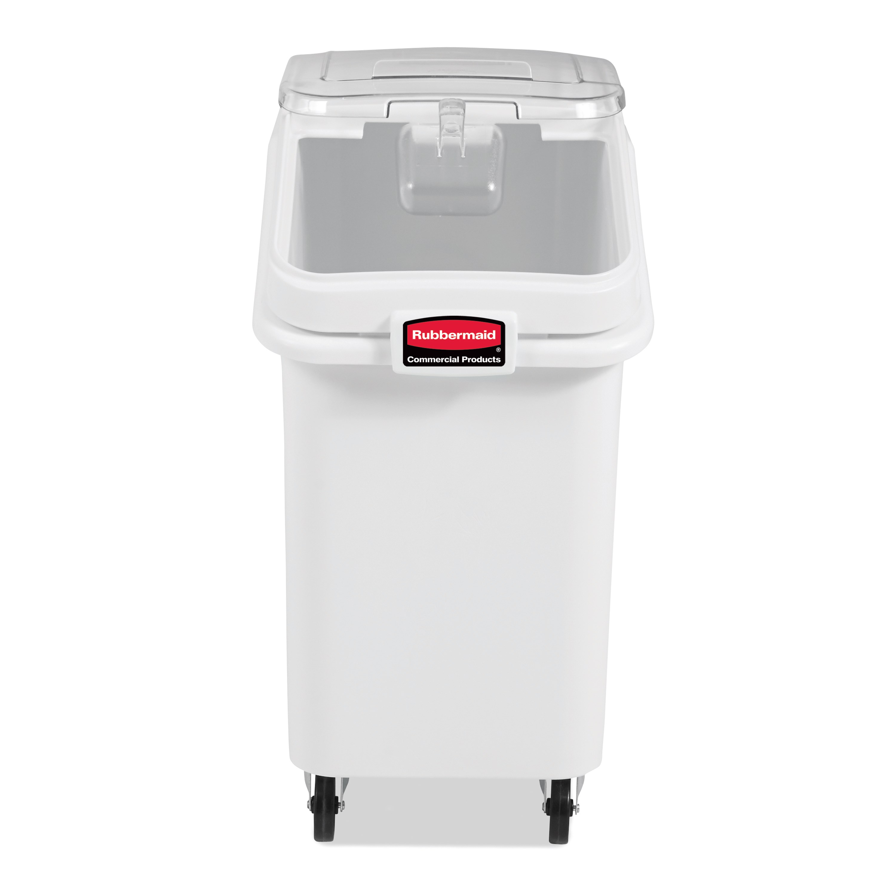 The Rubbermaid Commercial ProSave® Ingredient and Food Storage Mobile Bin is a bulk food storage container on wheels. With a slanted front, sliding opening, and 32-ounce scoop, these food storage containers make it easy to transport ingredients.