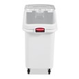 The Rubbermaid Commercial ProSave® Ingredient and Food Storage Mobile Bin is a bulk food storage container on wheels. With a slanted front, sliding opening, and 32-ounce scoop, these food storage containers make it easy to transport ingredients.