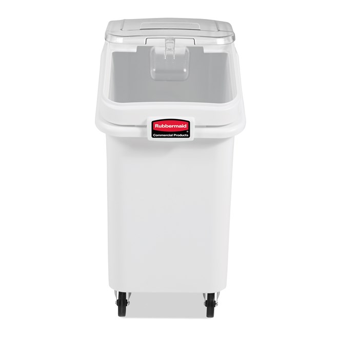 The Rubbermaid Commercial ProSave® Ingredient and Food Storage Mobile Bin is a bulk food storage container on wheels. With a slanted front, sliding opening, and 32-ounce scoop, these food storage containers make it easy to transport ingredients.