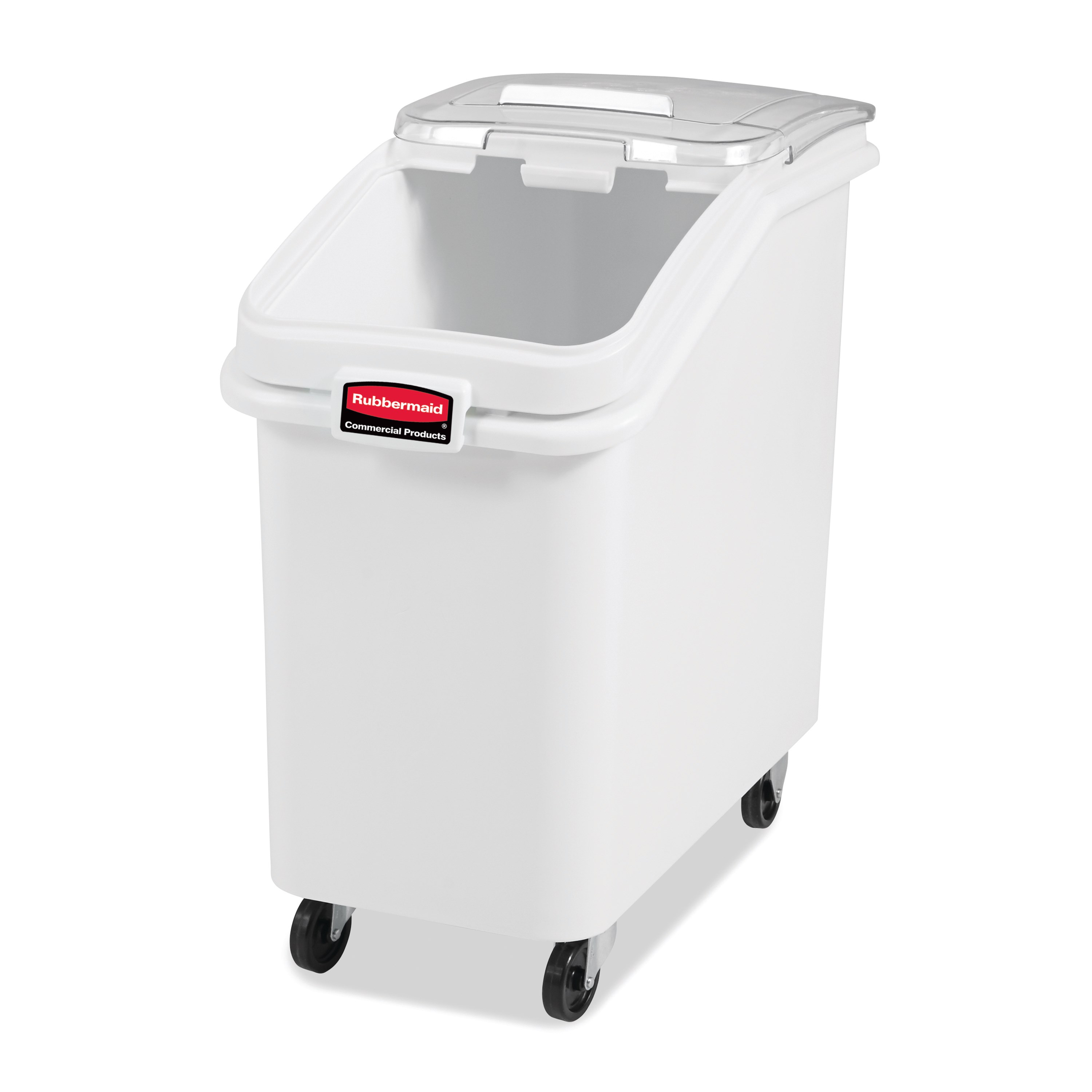 The Rubbermaid Commercial ProSave® Ingredient and Food Storage Mobile Bin is a bulk food storage container on wheels. With a slanted front, sliding opening, and 32-ounce scoop, these food storage containers make it easy to transport ingredients.