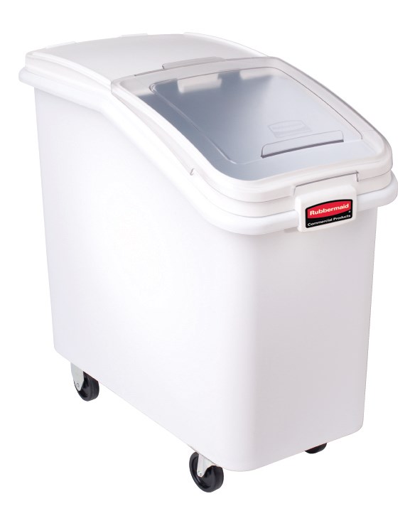 The Rubbermaid Commercial ProSave® Ingredient and Food Storage Mobile Bin is a bulk food storage container on wheels. With a slanted front, sliding opening, and 32-ounce scoop, these food storage containers make it easy to transport ingredients.