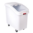The Rubbermaid Commercial ProSave® Ingredient and Food Storage Mobile Bin is a bulk food storage container on wheels. With a slanted front, sliding opening, and 32-ounce scoop, these food storage containers make it easy to transport ingredients.
