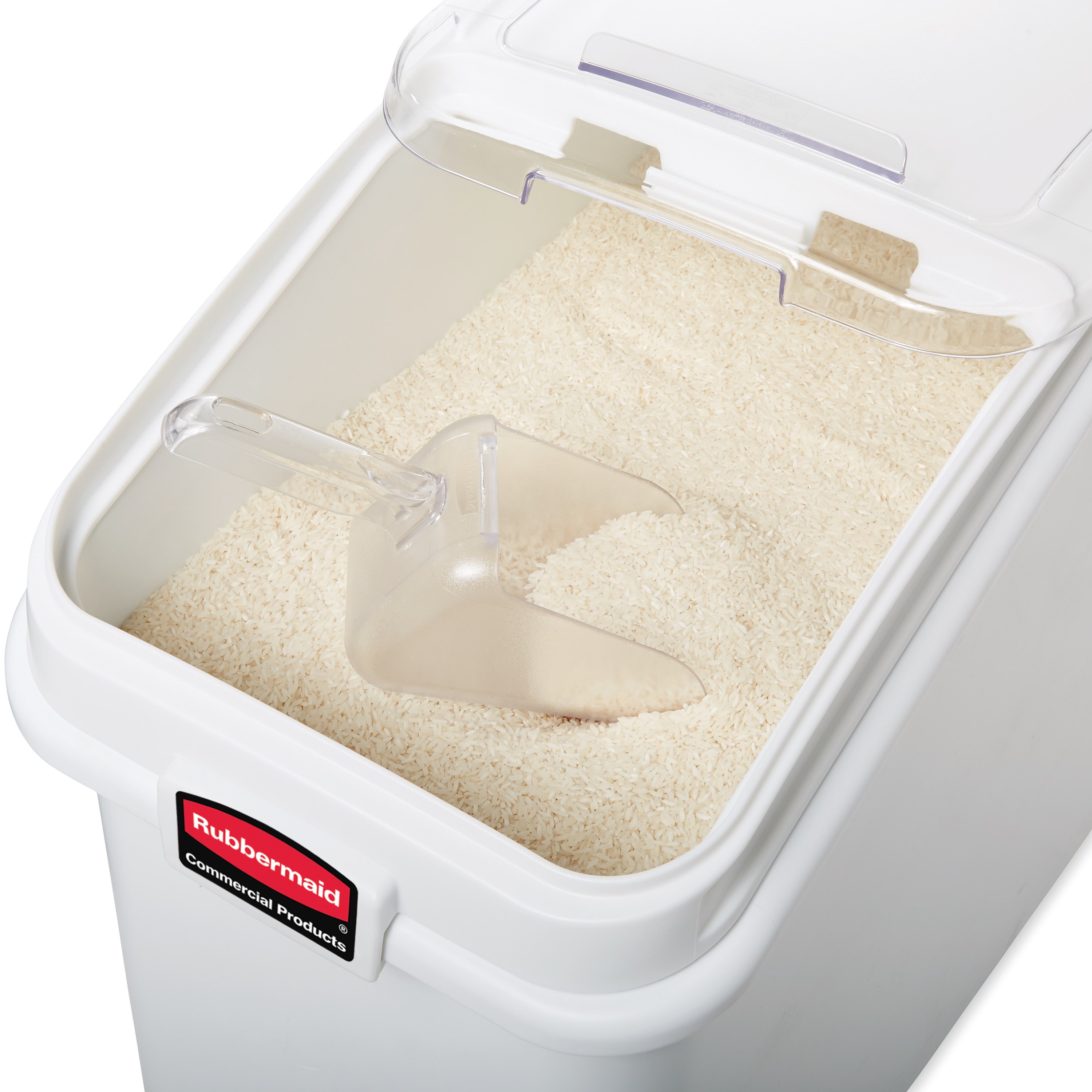 The Rubbermaid Commercial ProSave® Ingredient and Food Storage Mobile Bin is a bulk food storage container on wheels. With a slanted front, sliding opening, and 32-ounce scoop, these food storage containers make it easy to transport ingredients.