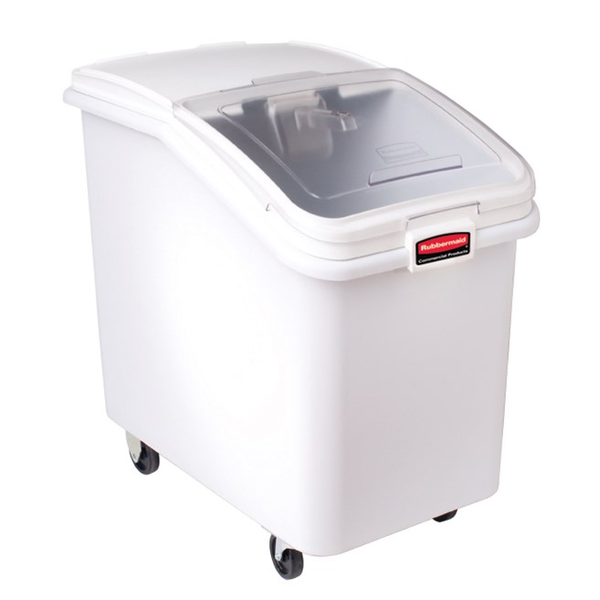 The Rubbermaid Commercial ProSave® Ingredient and Food Storage Mobile Bin is a bulk food storage container on wheels. With a slanted front, sliding opening, and 32-ounce scoop, these food storage containers make it easy to transport ingredients.