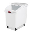The Rubbermaid Commercial ProSave® Ingredient and Food Storage Mobile Bin is a bulk food storage container on wheels. With a slanted front, sliding opening, and 32-ounce scoop, these food storage containers make it easy to transport ingredients.