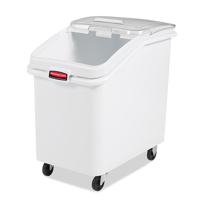 The Rubbermaid Commercial ProSave® Ingredient and Food Storage Mobile Bin is a bulk food storage container on wheels. With a slanted front, sliding opening, and 32-ounce scoop, these food storage containers make it easy to transport ingredients.