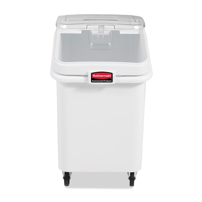 The Rubbermaid Commercial ProSave® Ingredient and Food Storage Mobile Bin is a bulk food storage container on wheels. With a slanted front, sliding opening, and 32-ounce scoop, these food storage containers make it easy to transport ingredients.