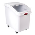 The Rubbermaid Commercial ProSave® Ingredient and Food Storage Mobile Bin is a bulk food storage container on wheels. With a slanted front, sliding opening, and 32-ounce scoop, these food storage containers make it easy to transport ingredients.