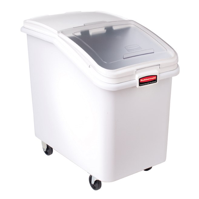 The Rubbermaid Commercial ProSave® Ingredient and Food Storage Mobile Bin is a bulk food storage container on wheels. With a slanted front, sliding opening, and 32-ounce scoop, these food storage containers make it easy to transport ingredients.