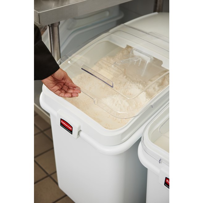 The Rubbermaid Commercial ProSave® Ingredient and Food Storage Mobile Bin is a bulk food storage container on wheels. With a slanted front, sliding opening, and 32-ounce scoop, these food storage containers make it easy to transport ingredients.