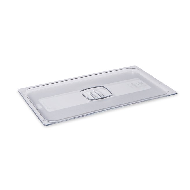 La tapa de bandeja de alimentos fríos Rubbermaid Commercial de tamaño completo es transparente para facilitar la identificación de los alimentos y tiene asas para un fácil transporte.