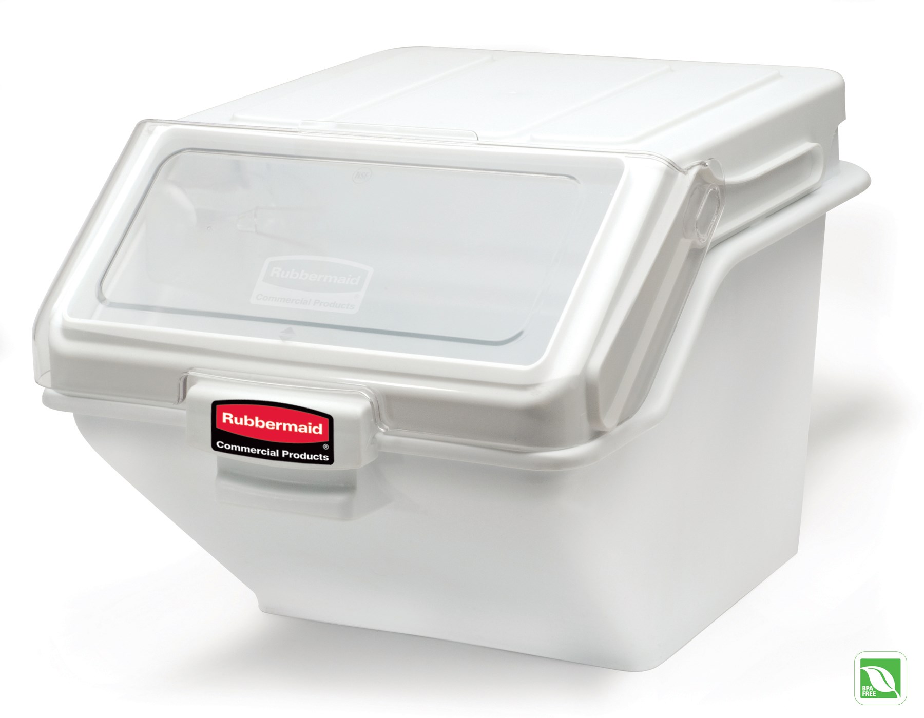 The Rubbermaid Commercial Shelf Ingredient Bin with Scoop offers quick one-handed access while stacked and an integrated measuring tool that increases preparation efficiency, space optimization, and promotes food safety compliance.