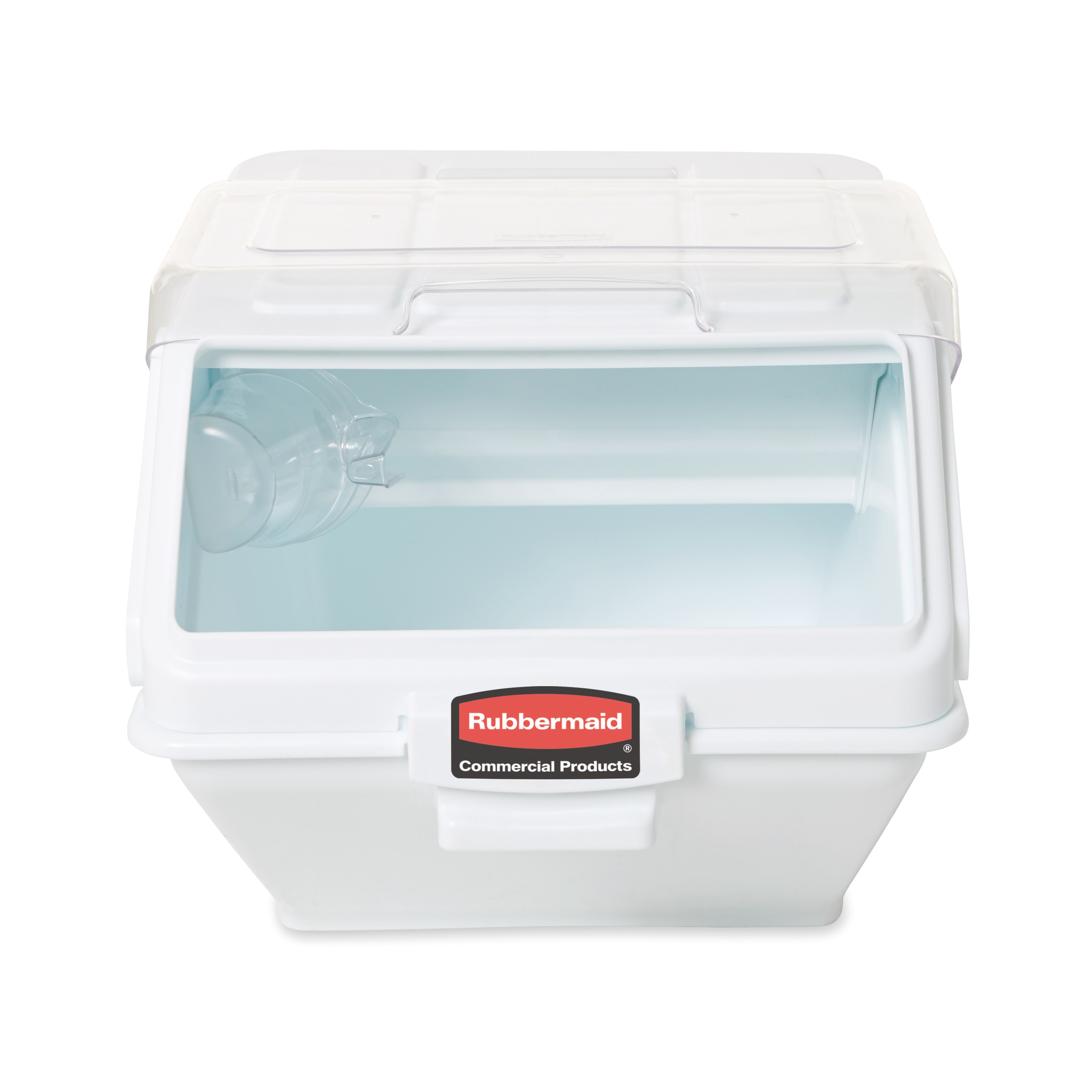 The Rubbermaid Commercial Shelf Ingredient Bin with Scoop offers quick one-handed access while stacked and an integrated measuring tool that increases preparation efficiency, space optimization, and promotes food safety compliance.