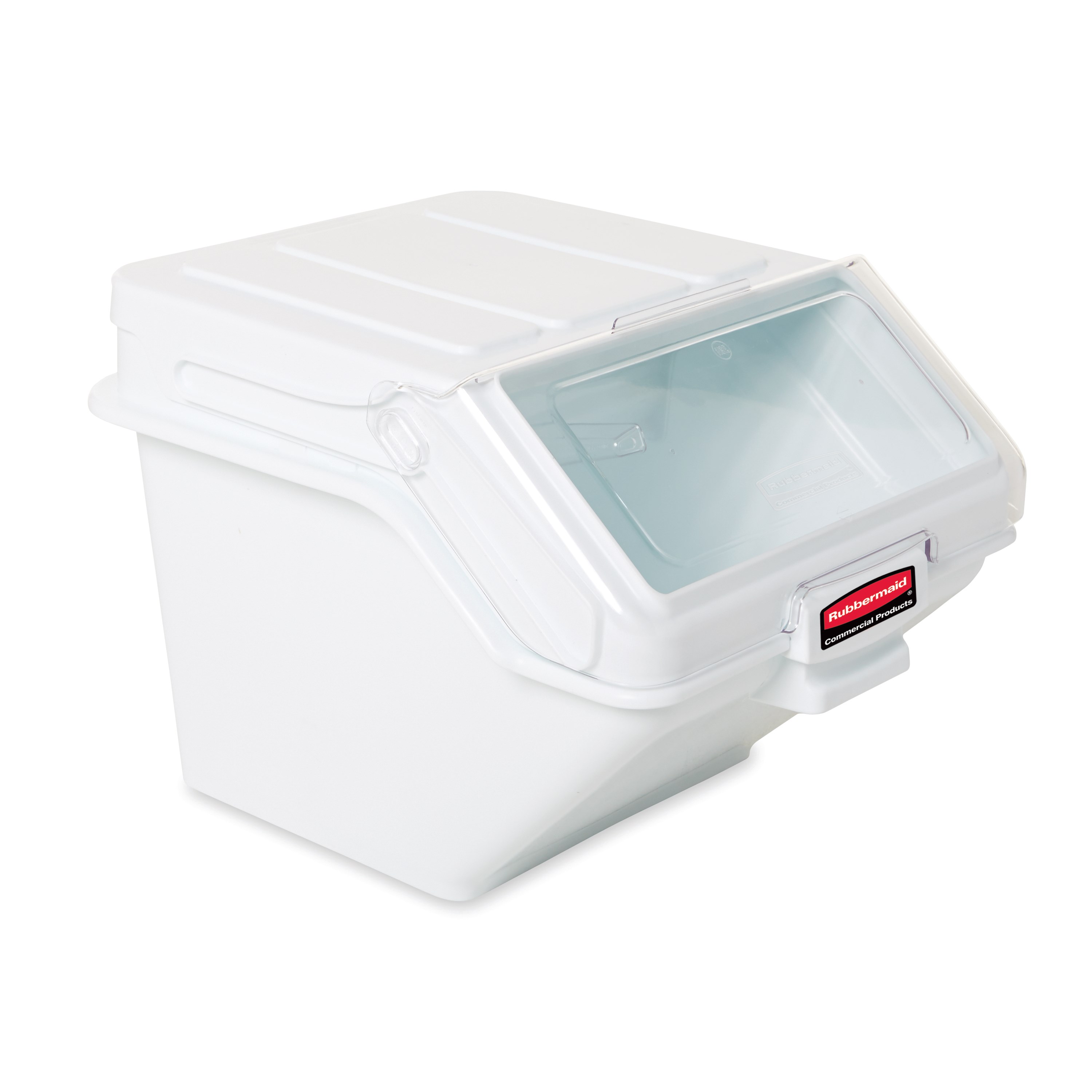 The Rubbermaid Commercial Shelf Ingredient Bin with Scoop offers quick one-handed access while stacked and an integrated measuring tool that increases preparation efficiency, space optimization, and promotes food safety compliance.