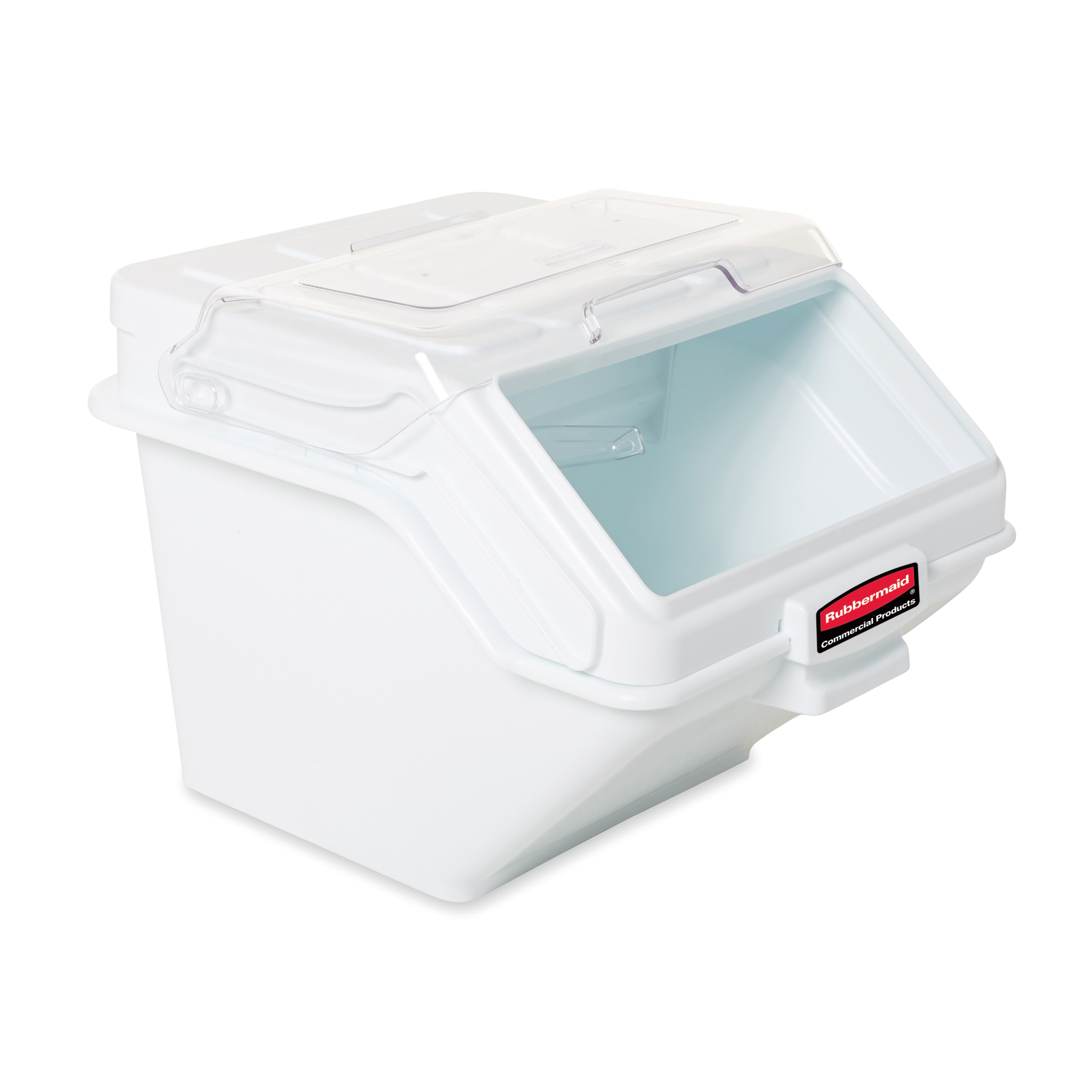 The Rubbermaid Commercial Shelf Ingredient Bin with Scoop offers quick one-handed access while stacked and an integrated measuring tool that increases preparation efficiency, space optimization, and promotes food safety compliance.