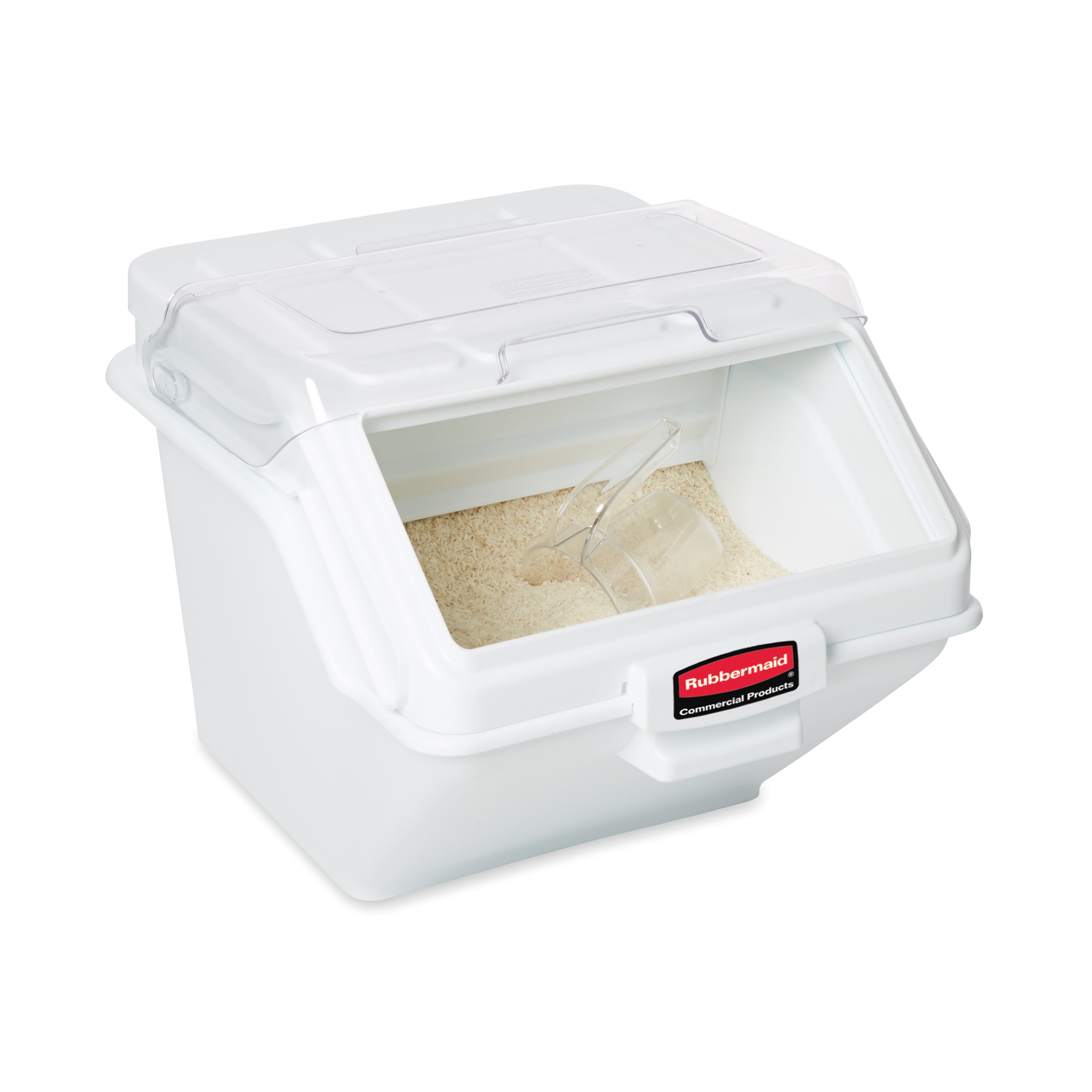 The Rubbermaid Commercial Shelf Ingredient Bin with Scoop offers quick one-handed access while stacked and an integrated measuring tool that increases preparation efficiency, space optimization, and promotes food safety compliance.