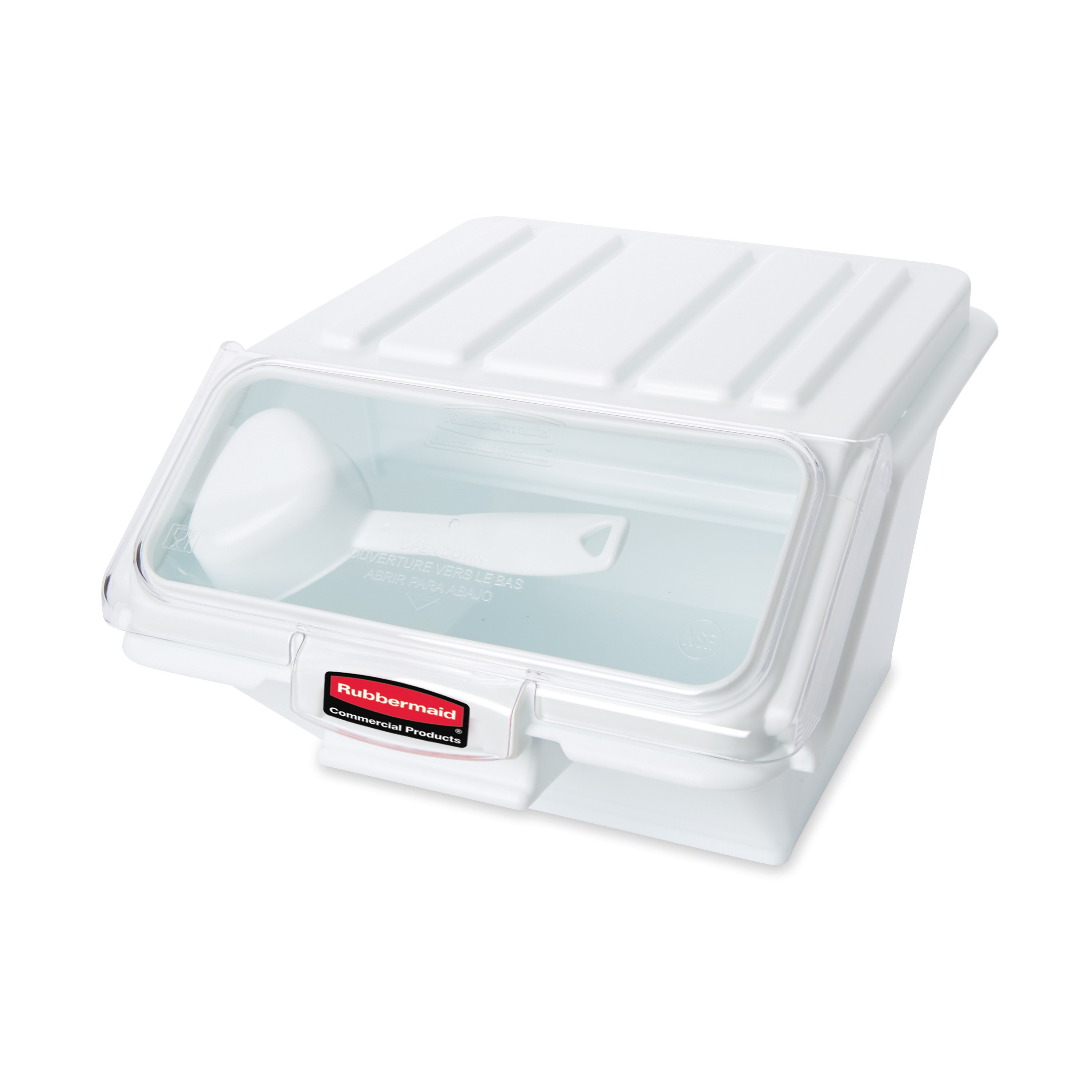 The Rubbermaid Commercial Shelf Ingredient Bin with Scoop offers quick one-handed access while stacked and an integrated measuring tool that increases preparation efficiency, space optimization, and promotes food safety compliance.