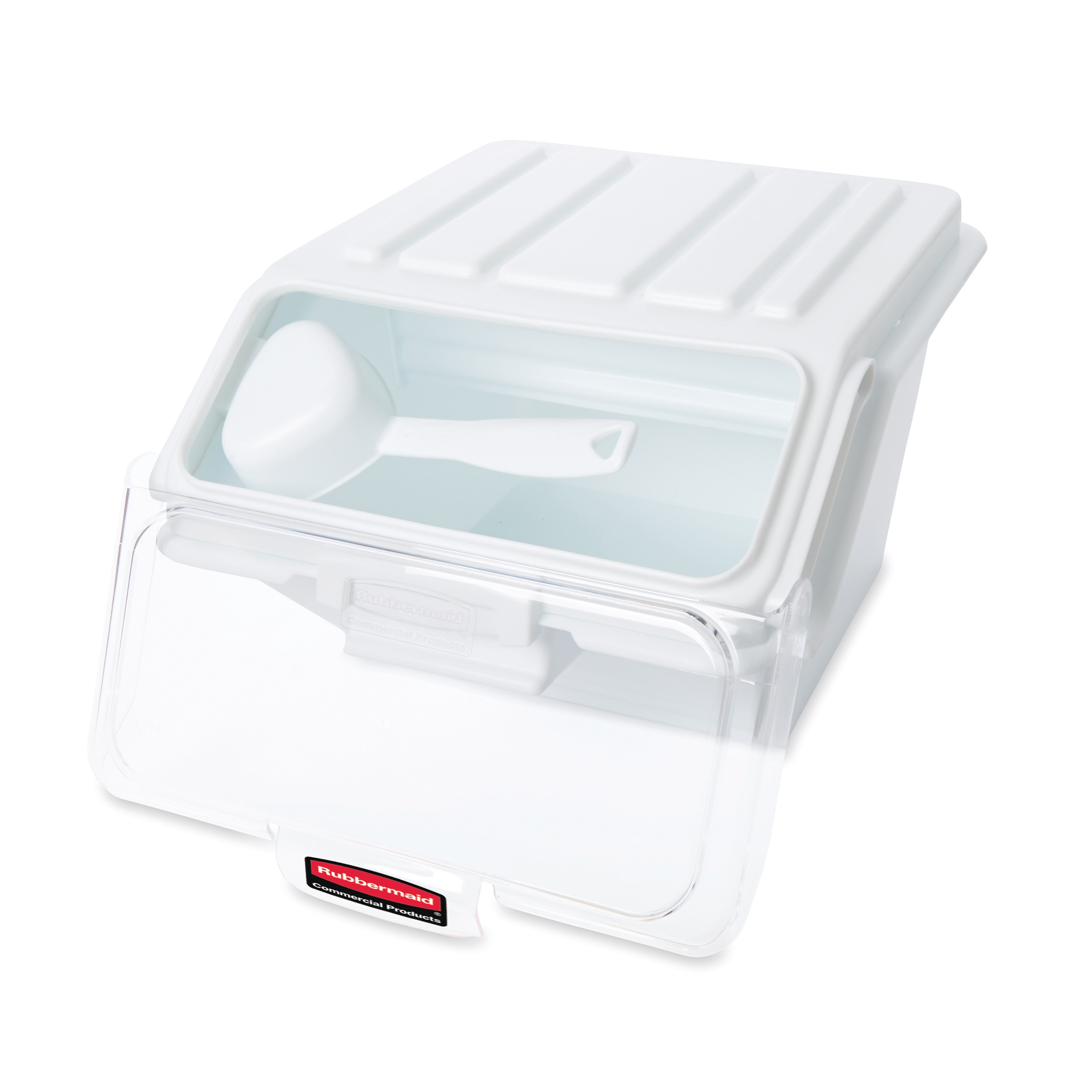 The Rubbermaid Commercial Shelf Ingredient Bin with Scoop offers quick one-handed access while stacked and an integrated measuring tool that increases preparation efficiency, space optimization, and promotes food safety compliance.