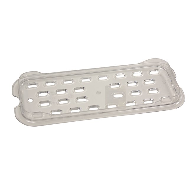 La bandeja de escurrido de alimentos fríos Rubbermaid Commercial tamaño 1/3 es más silenciosa que las de metal y no se rompe, dobla ni abolla.
