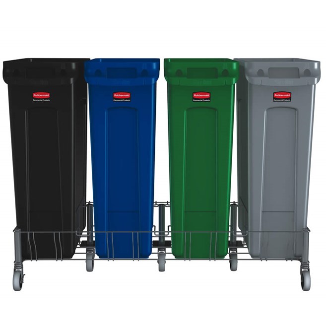 The Rubbermaid Commercial Vented Slim Jim® Stainless Steel Quadruple Dolly is designed to support and transport Vented Slim Jim® containers smoothly and efficiently through any commercial facility.