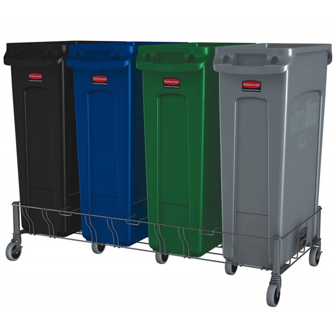 The Rubbermaid Commercial Vented Slim Jim® Stainless Steel Quadruple Dolly is designed to support and transport Vented Slim Jim® containers smoothly and efficiently through any commercial facility.