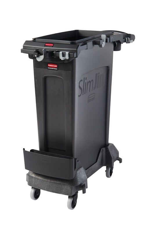 De Slim Jim® Rim Caddy Kit van Rubbermaid Commercial is een speciaal gebouwd systeem voor de opslag en het vervoer van gangbaar schoonmaakmateriaal.