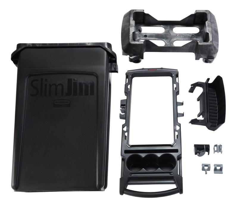 De Slim Jim® Rim Caddy Kit van Rubbermaid Commercial is een speciaal gebouwd systeem voor de opslag en het vervoer van gangbaar schoonmaakmateriaal.