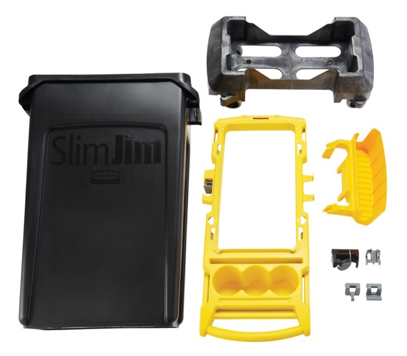 The Rubbermaid Commercial Slim Jim® Rim Caddy Kit is a purpose-built system to store and transport common cleaning tools.