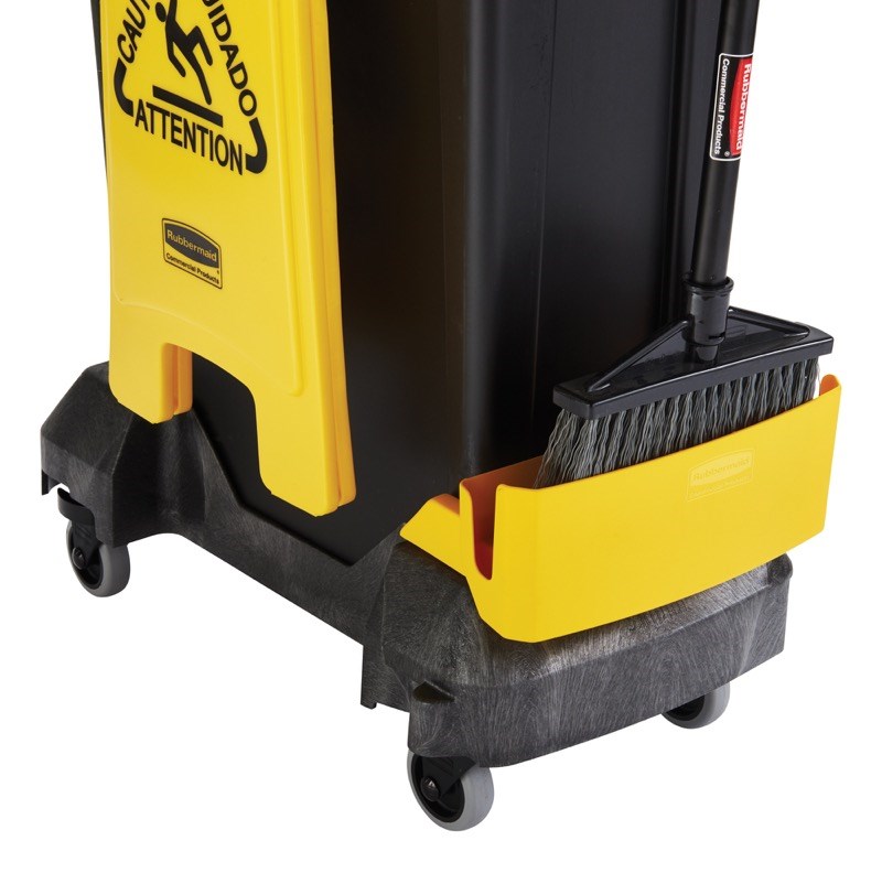 The Rubbermaid Commercial Slim Jim® Rim Caddy Kit is a purpose-built system to store and transport common cleaning tools.