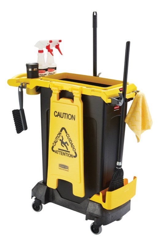 The Rubbermaid Commercial Slim Jim® Rim Caddy Kit is a purpose-built system to store and transport common cleaning tools.