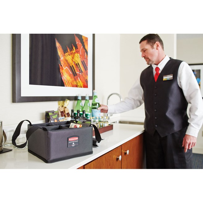 The Rubbermaid Commercial Executive Quick Cart Caddy is great for organizing amenities with its adjustable and removable dividers.