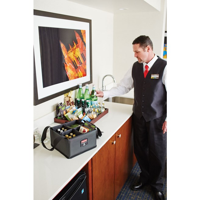 The Rubbermaid Commercial Executive Quick Cart Caddy is great for organizing amenities with its adjustable and removable dividers.