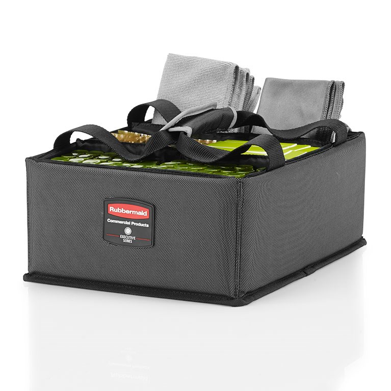 The Rubbermaid Commercial Executive Quick Cart Caddy is great for organizing amenities with its adjustable and removable dividers.