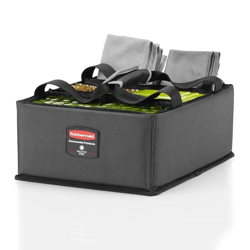 The Rubbermaid Commercial Executive Quick Cart Caddy is great for organizing amenities with its adjustable and removable dividers.