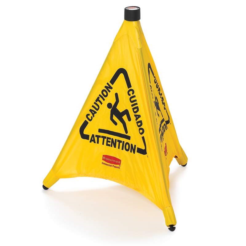 Collapsible sign automatically deploys when removed from wall-mounted storage tube. Multilingual safety communication utilizes ANSI/OSHA-compliant Colour and graphics