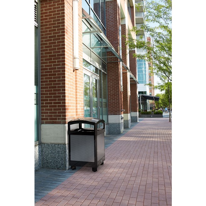 The Dimension Series decorative outdoor waste container's perforated steel panels create an upscale, dimensional look that complements contemporary outdoor enviornments.